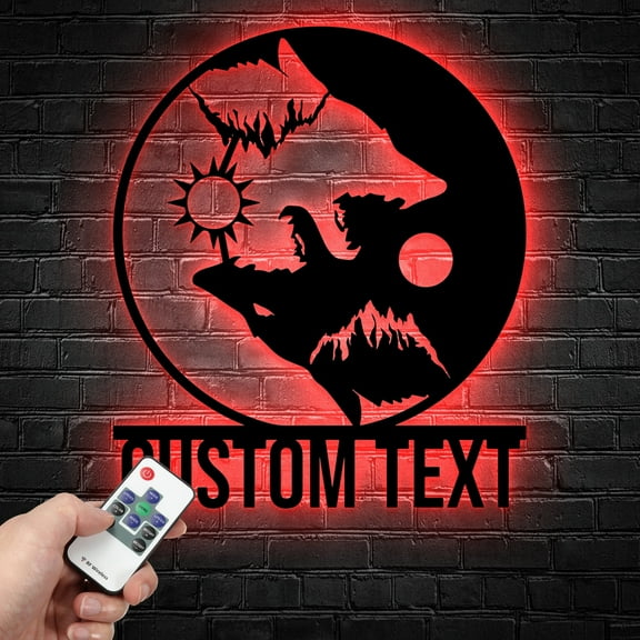 Handmadetneonsign Custom Yin Yang Wolf Metal Wall Art LED Light - Personalized Day and Night Wolf