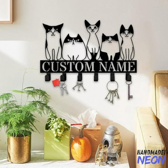 Handmadetneonsign Cute Cat Coat Rack Wall Hanger, Funny Cat Metal Wall Hooks, Cat Keys Holder Home Decor 82894
