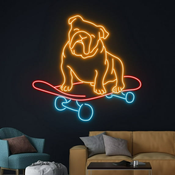 Handmadetneonsign Cute English Bulldog Skateboarding Neon Sign, Skateboard English Bulldog Led Sign