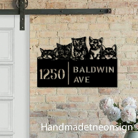 Handmadetneonsign Cute Peeking Cats House Number, Cats Home Address Metal, Cats House Address Sign 64551