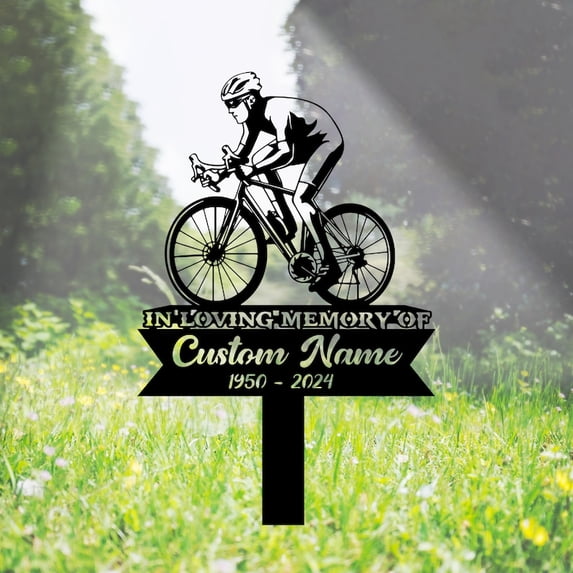 Handmadetneonsign Cyclist Memorial Metal With Stake, Biker Metal Name Sign Stake, Cyclist Metal Stake Decor 45555