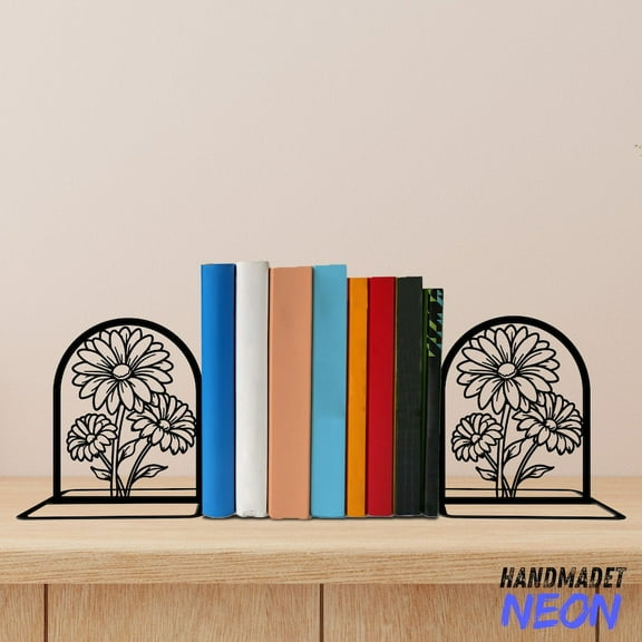 Handmadetneonsign Daisy Flower Metal Bookends, Daisy Flower Name Bookend, Table Bookshelf Decor 042559