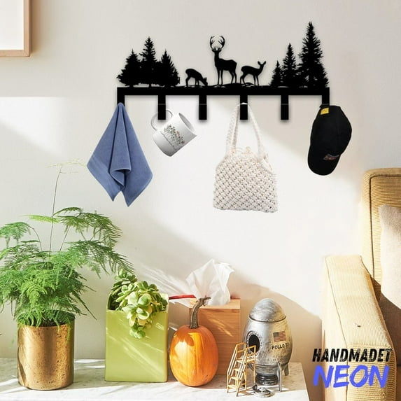 Handmadetneonsign Deer Forest Coat Rack Wall Hanger, Nature Metal Wall Hooks, Deer Keys Holder Home Decor 74830