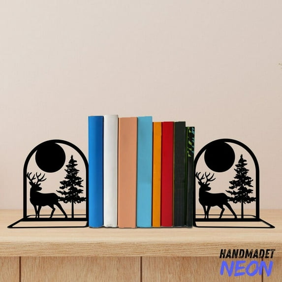 Handmadetneonsign Deer Metal Bookends, Deer Forest Name Bookend, Deer Table Bookshelf Decor 042577