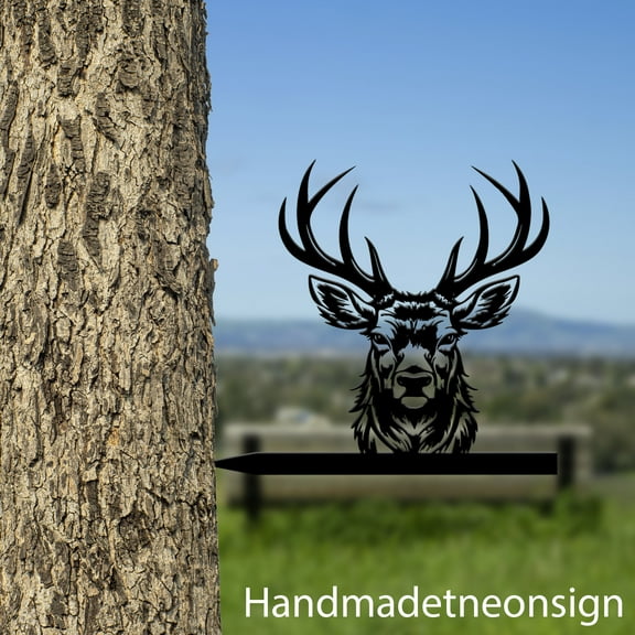 Handmadetneonsign Deer On Branch Metal Tree Stake, Deer Garden Tree Stake, Deer Head Metal Tree 68490
