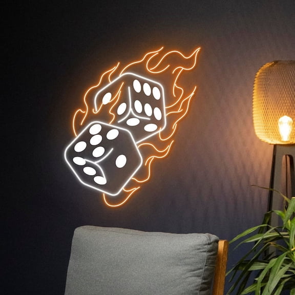 Handmadetneonsign Dice On Fire Neon Sign, Flaming Poker Led Light, Burning Slot Game Neon Light