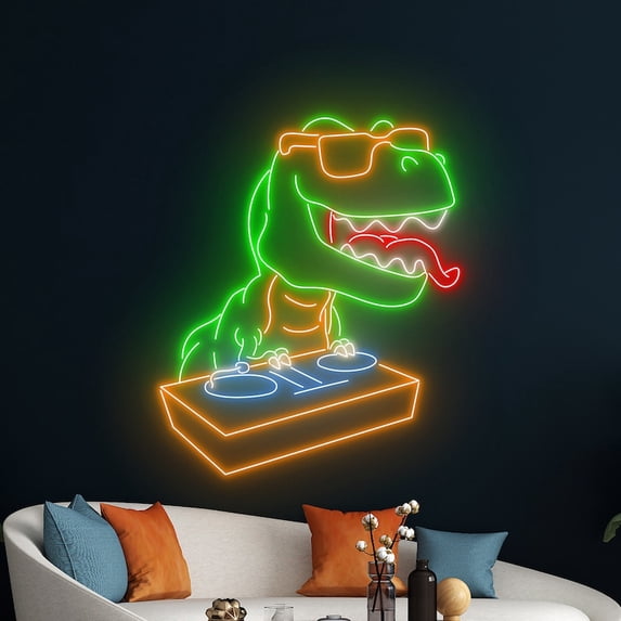 Handmadetneonsign Dinosaur DJ Wall Art, Dinosaur DJ Wall Decor, Animal Dinosaur Wall Decor