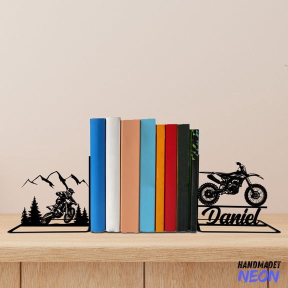 Handmadetneonsign Dirt Bike Metal Bookends, Biker Name Bookend, Motorbike Table Bookshelf Decor 045165