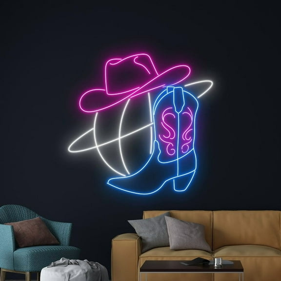 Handmadetneonsign Disco Cowgirl Neon Sign, Cowboy Hat Disco Ball Neon Led Art Decor, Cowgirl Wall Decor
