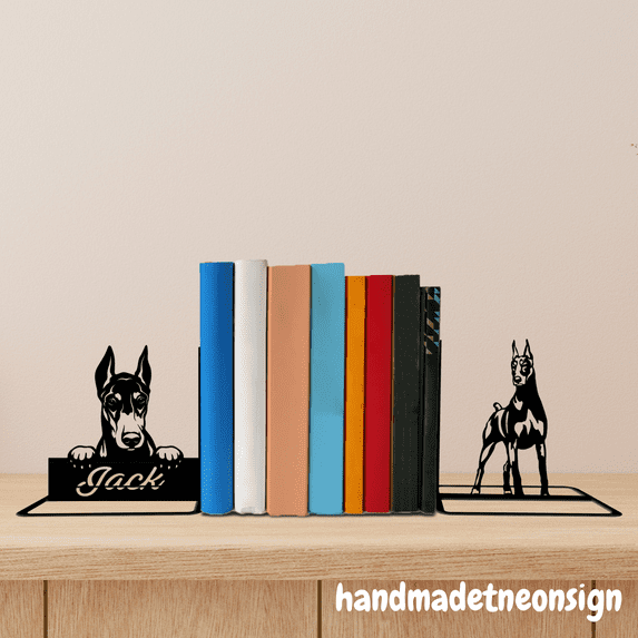 Handmadetneonsign Dobermann Dog Metal Bookends Dog Name Bookend, Dog Table Bookshelf Decor 040920