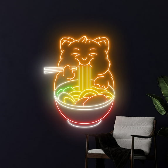 Handmadetneonsign Dog Eating Ramen Neon Light, Dog Eats Japanese Noodle Led Sign, Dog Japan Ramen