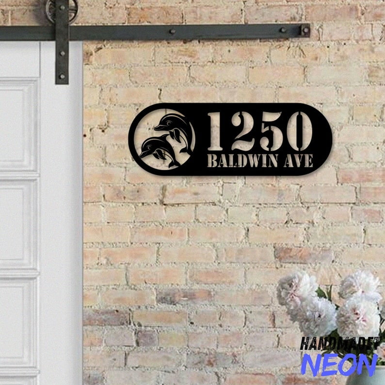 Handmadetneonsign Dolphins House Number Metal, Dolphin Home Number Metal Sign, Address Wall Decor 043888