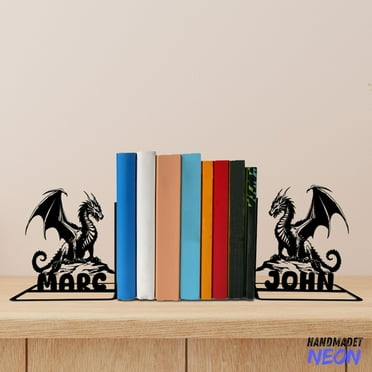 Handmadetneonsign Dragon Metal Bookends, Dragon Name Bookend, Dragon Table Bookshelf Decor 80431