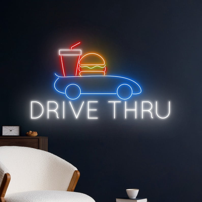Handmadetneonsign Drive Thru Neon Sign, Drive Thru Burger Wall Art Decor, Fast Food Wall Decor