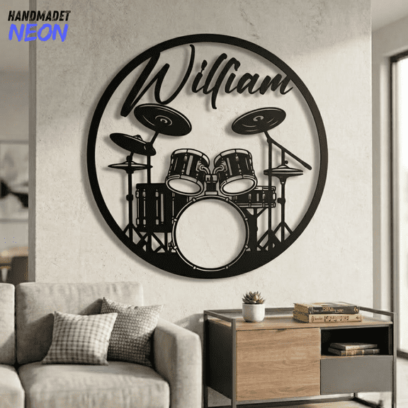 Handmadetneonsign Drum Set Metal Wall Art, Drummer Metal Sign, Music Room Decor