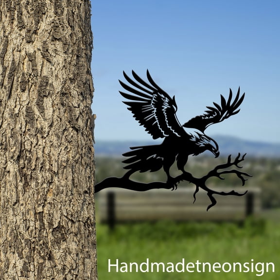 Handmadetneonsign Eagle On Branch Metal Tree Stake, Eagle Garden Tree Stake, Eagle Bird Metal Tree 68504