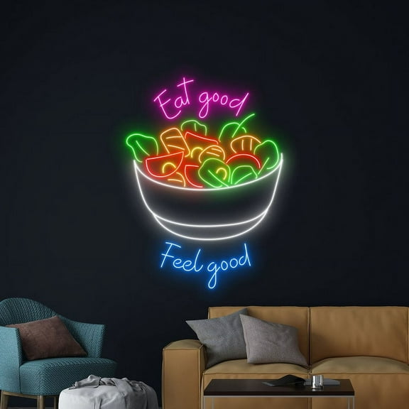 Handmadetneonsign Eat Good Feel Good Neon Sign, Salad Bowl Wall Art Decor, Restaurant Wall Decor