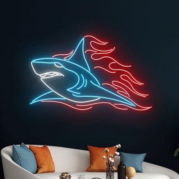 Handmadetneonsign Fire Shark Neon Sign, Burning Shark Neon Light, Flaming Shark Led Light Decor