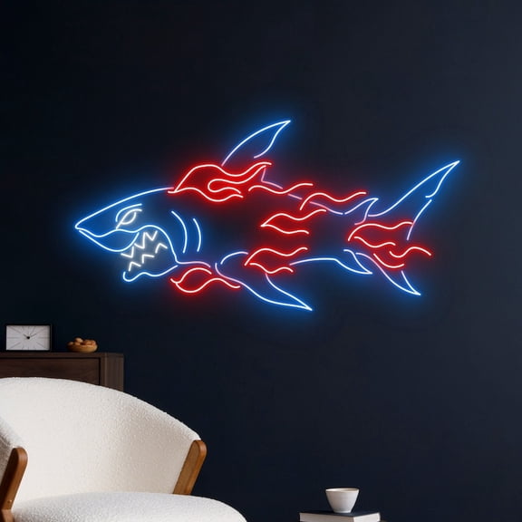 Handmadetneonsign Fire Shark Neon Sign, Burning Shark Neon Light, Flaming Shark Led Light Wall Deco