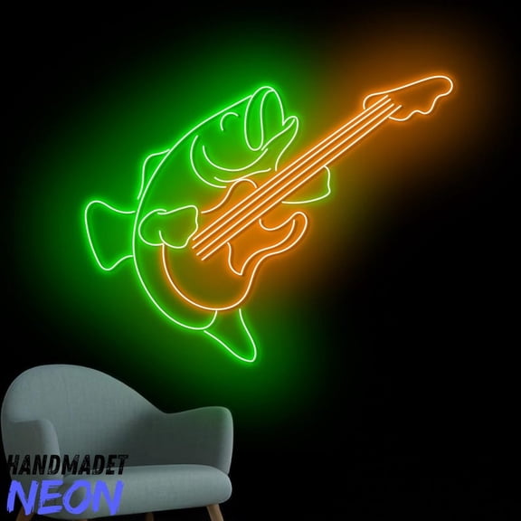 Handmadetneonsign Fish Playing Guitar Neon Sign, Fish Led Sign, Fish Guitar Wall Art Decor 93809