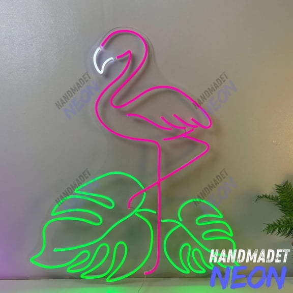Handmadetneonsign Flamingo Monstera Neon Sign, Tropical Flamingo LED Wall Light, Home Decor 135823
