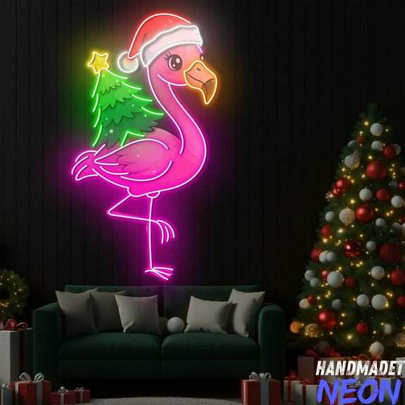 Handmadetneonsign Flamingo with Christmas Tree Neon Sign, Holiday Tropical Decor, Christmas Party Decor