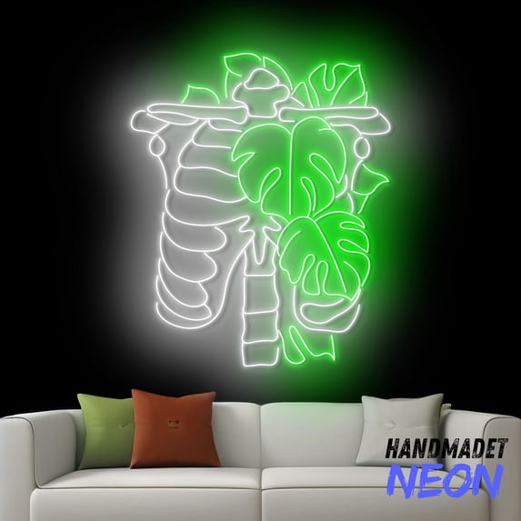 Handmadetneonsign Floral Skeleton Monstera Neon Sign, Monstera Led Sign, Monstera Store Wall Decor, Flower Shop Art 79226