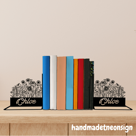 Handmadetneonsign Flower Metal Bookends Flower Name Bookend, Flower Table Bookshelf Decor 039830