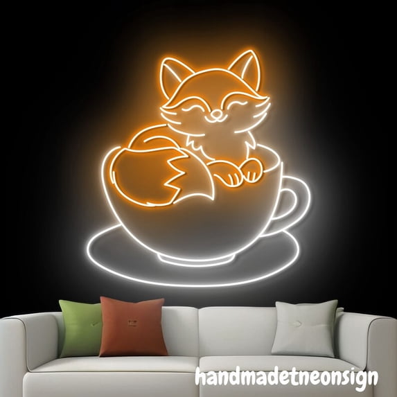 Handmadetneonsign Fox In A Cup Neon Sign, Cute Fox Wall Art Decor, Fox ...