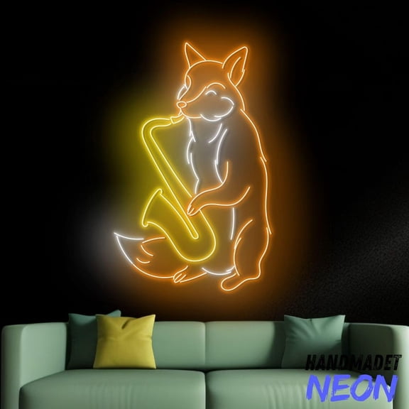 Handmadetneonsign Fox Playing Saxophone Neon Sign, Fox Music Led Light, Fox Wall Art Light 94320