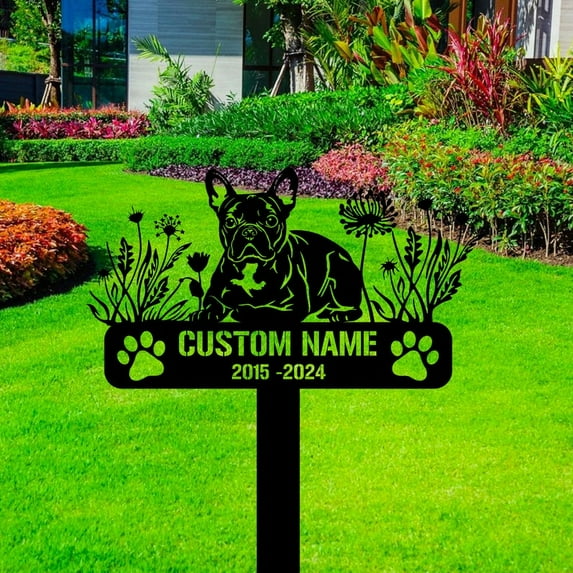 Handmadetneonsign French Bulldog Memorial Metal With Stake, Bulldog Stake Metal Name Sign Stake, Garden Metal Stake Decor 58884