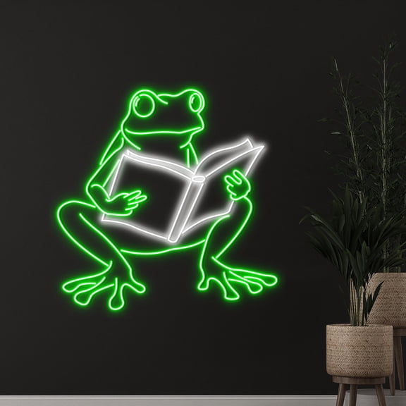 Handmadetneonsign Frog Reading Book Neon Sign, Book Frog Led Sign, Frog Book Led Light, Frog Neon