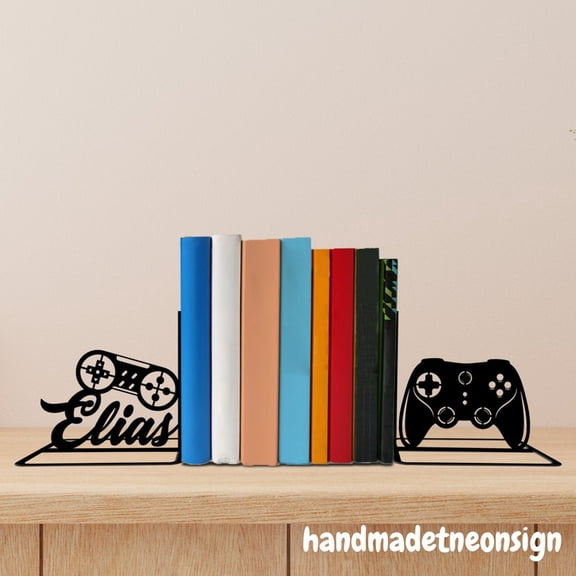 Handmadetneonsign Game Controller Metal Bookends, Gamer Name Bookend, GamePad Table Bookshelf Decor 042766