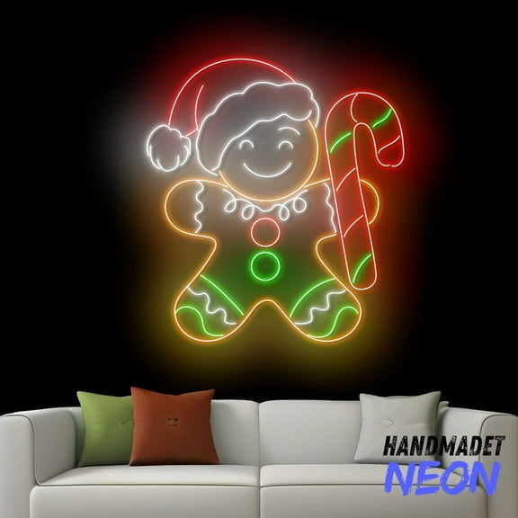Handmadetneonsign Gingerbread Man with Candy Cane Neon Sign, Gingerbread Santa Led Sign, Merry Christmas Wall Decor 79444