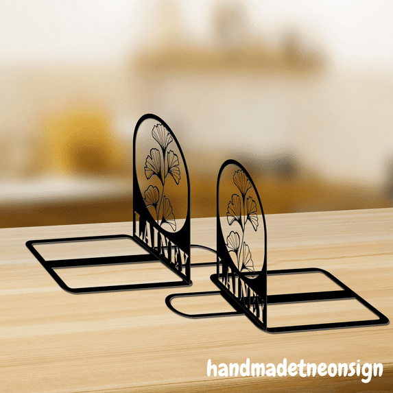 Handmadetneonsign Ginkgo Leaf Metal Bookends Ginkgo Name Bookend, Ginkgo Table Bookshelf Decor 039839