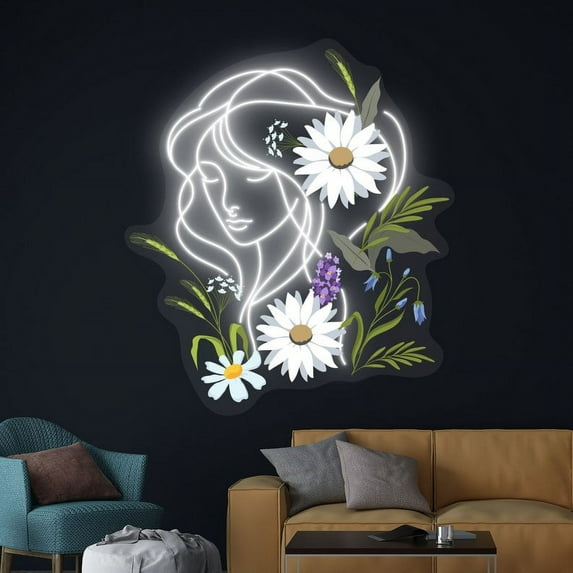 Handmadetneonsign Girl Flowers Neon Sign, Girl With Flower Neon Art Decor, Flora Wall Decor