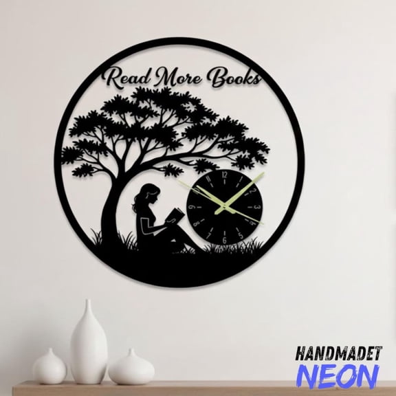 Handmadetneonsign Girl Reading Metal Wall Clock, Library Decor, Gift For Her