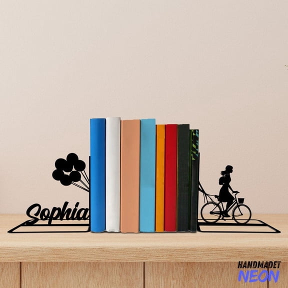 Handmadetneonsign Girl Riding Bicycle with Balloon Metal Bookends, Girl Name Bookend, Balloon Table Bookshelf Decor 76740