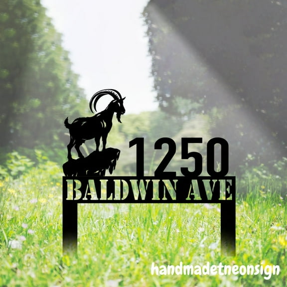 Handmadetneonsign Goat Address Stake, Goat Farm Number Garden Metal Stake, Yard Stake Outdoor Decor 043144