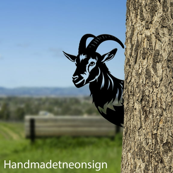 Handmadetneonsign Goat On Branch Metal Tree Stake, Peeking Animal Garden Tree Stake, Goat Metal Tree 68740