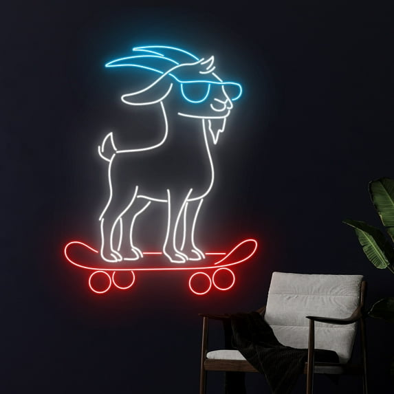 Handmadetneonsign Goat Skateboarding Neon Sign, Skateboard Goat Led Sign, Home Decor