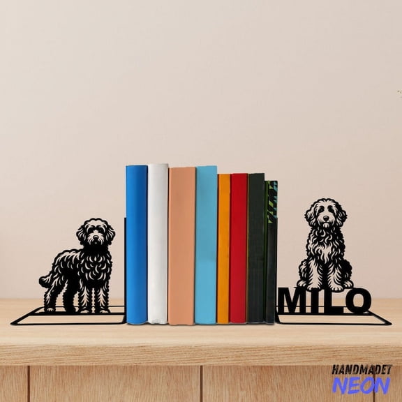 Handmadetneonsign Goldendoodle Dog Metal Bookends, Dog Name Bookend, Dog Table Bookshelf Decor 046976
