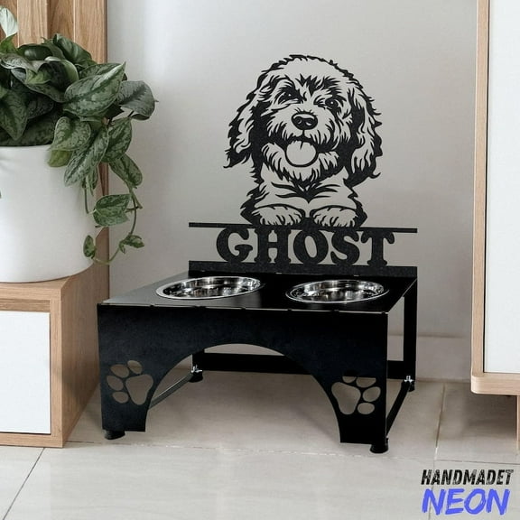 Handmadetneonsign Goldendoodle Dog Metal Bowl Holder, Goldendoodle Dog Food Bowl Stand 97461