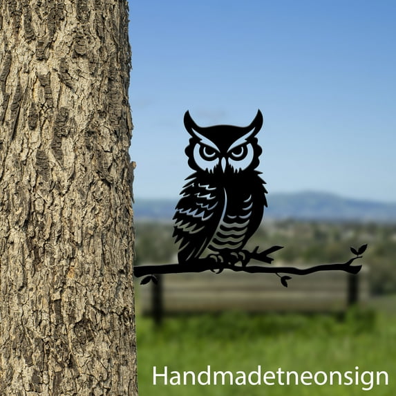 Handmadetneonsign Great Horned Owl On Branch Metal Tree Stake, Owl Garden Tree Stake, Owl Metal Tree 68518