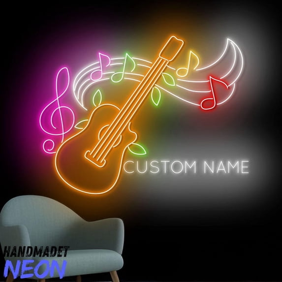 Handmadetneonsign Guitar Neon Sign, Guitar Name Led Sign, Guitar Music Note Room Wall Art 94770