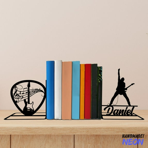 Handmadetneonsign Guitar Pick Metal Bookends, Guitarist Name Bookend, Music Table Bookshelf Decor 044922