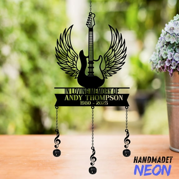 Handmadetneonsign Guitar Player Memorial Metal Wind Chimes, Custom Musician Memorial Gifts 140447