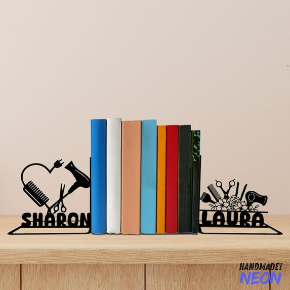 Handmadetneonsign Hairdresser Metal Bookends, Hairstylist Name Bookend, Hair Salon Table Bookshelf Decor 80287