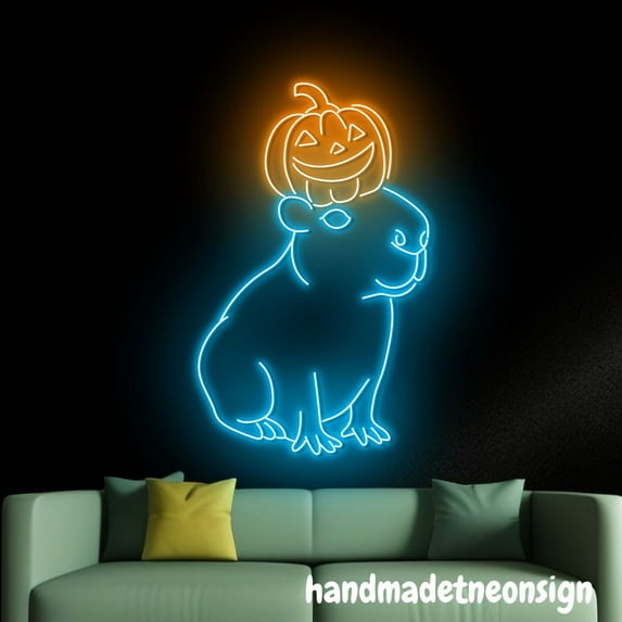 Handmadetneonsign Halloween Capybara Neon Sign, Pumpkin Led Sign, Capybara Neon Light, Halloween Wall Art 66169