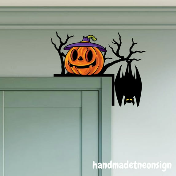 Handmadetneonsign Halloween Door Corner Sign, Pumpkin Halloween Metal Door Topper, Bat Door Corner 70482